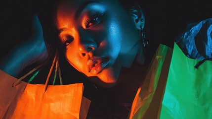 Closeup woman portrait vivid colors shopping bags
