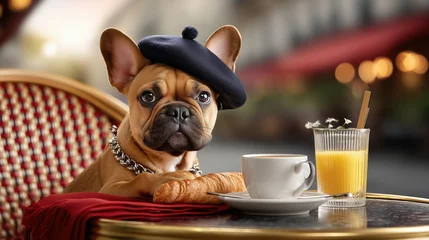 Keuken achterwand Franse bulldog Charming French bulldog at a Parisian cafe enjoying breakfast.  © Daniele
