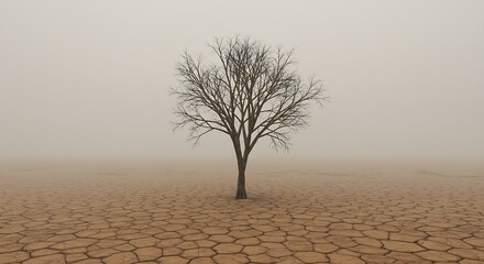Solitary Tree in Foggy Brown Desert – Minimal Landscape of Isolation and Nature’s Resilience.