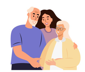 portrait happy family support hug each other adult woman embracing mature parents grandparents background parents child feeling love illustration