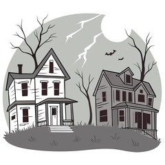 Fototapeta premium Illustration of two haunted houses under a full moon with bats and lightning in a spooky grayscale scene