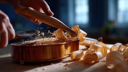 A luthier carves a violin body, showcasing detailed craftsmanship.