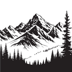 black Snowy Mountains Silhouette Vector, High Quality Illustration on White Background