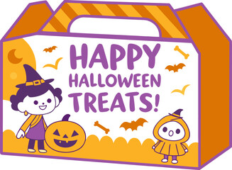 Cartoon halloween treat box with witch, pumpkin, ghost, bats and bones with happy halloween treats text