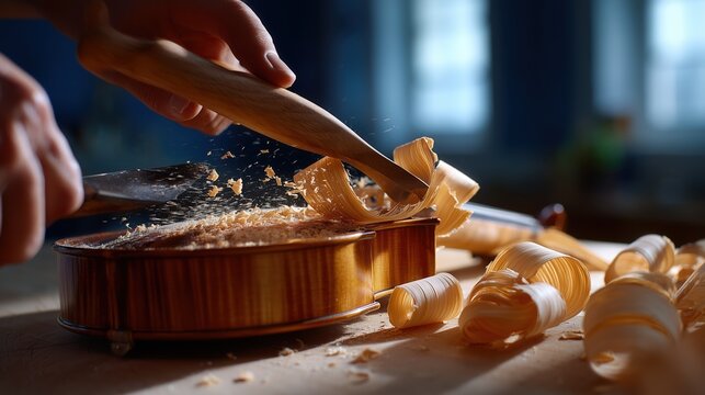 A luthier carves a violin body, showcasing detailed craftsmanship.
