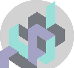 Abstract geometric design with interconnected shapes in mint green, gray, and lavender hues. Interlocking 3D forms on a light gray background with a circular light gray element.