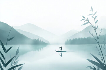 Peaceful river scene with a person sitting on a boat, enjoying the surroundings, using soft, serene colors