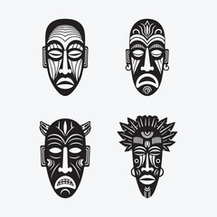 Vector art of four african tribal masks isolated on white background, representing traditional art and ethnic design, symbols of ancient culture and rituals isolated on white background