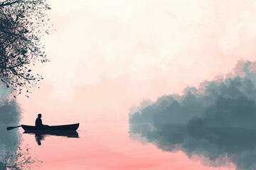 Peaceful river scene with a person sitting on a boat, enjoying the surroundings, using soft, serene colors
