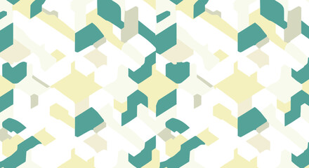 Abstract geometric pattern with teal and pale yellow tones. Repeating shapes in a non-representational style on a white background.
