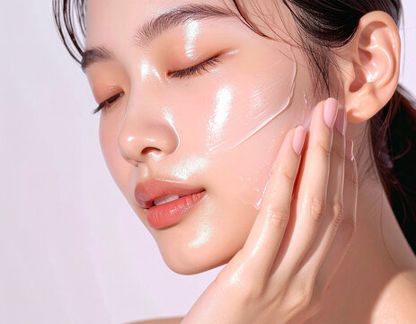 Asian woman using hydrating gel pack on her face