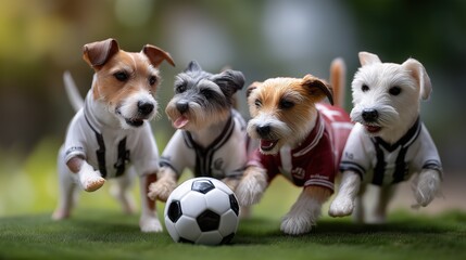 Four playful dogs in soccer jerseys eagerly compete in a friendly football match.
