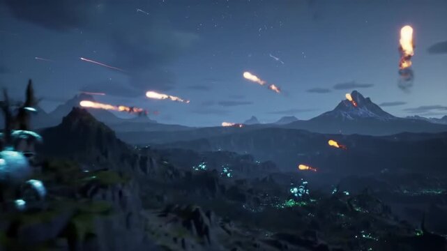 Sci-fi landscape with falling fireballs and glowing flora at night