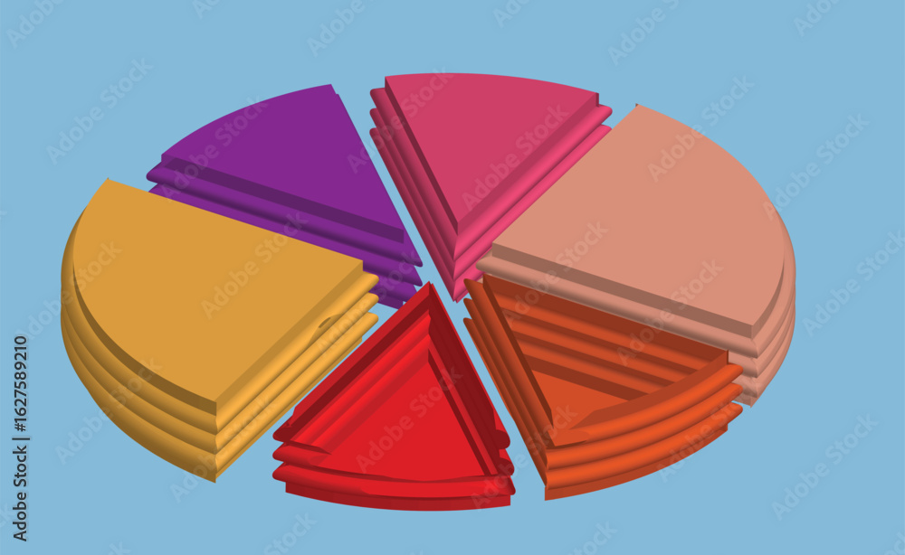 Poster pie chart 3d showcasing data visualization. each section is a different color with a glossy glass-li
