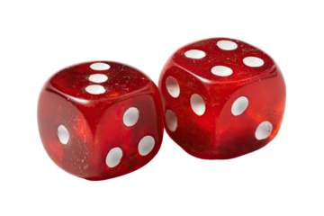 Two red dice, close-up, showing a 3 and a 4