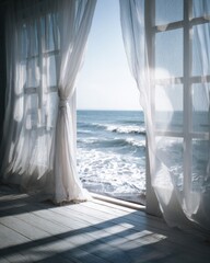 An airy curtain sways in the ocean breeze, capturing the clean, relaxed essence of a seaside morning.