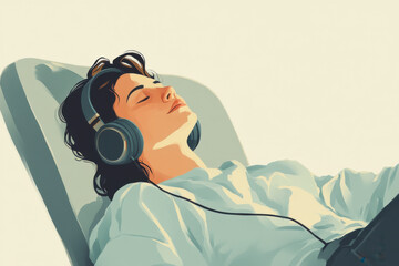 Person relaxing on a chair with headphones.