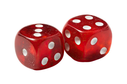Two red dice, close-up, showing a 3 and a 4