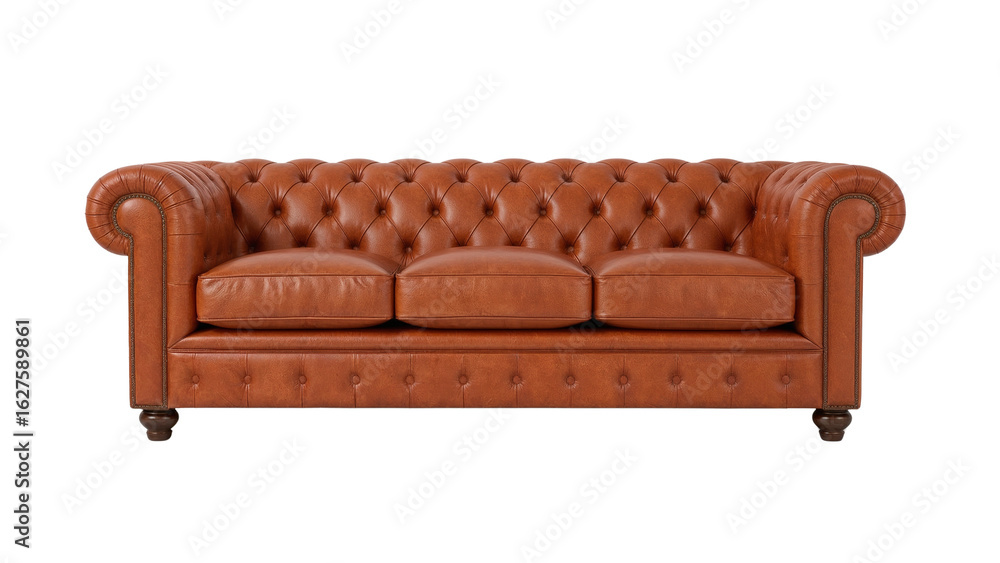 Poster elegant tan leather chesterfield sofa with button tufting isolated on transparent setting