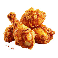 Four golden-brown, crispy fried chicken drumsticks, piled high, with scattered spices