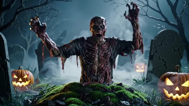 Undead creature rising from grave on halloween with pumpkins and tombstones