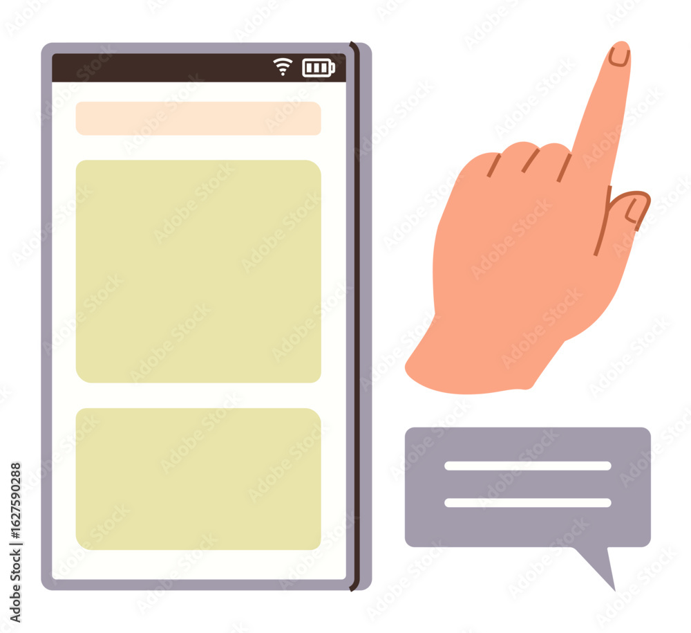 Poster smartphone screen with touch interface, hand swiping or tapping gesture, and chat messaging bubble. 