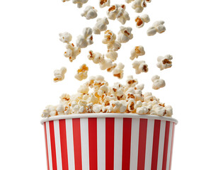 Popcorn falling into striped bucket isolated on a transparent background snack movie snack