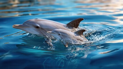 Obraz premium A mother dolphin and her calf swim in the clear blue ocean water, a beautiful sight.