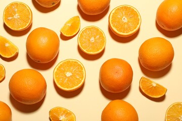 Fresh ripe oranges on beige background, flat lay