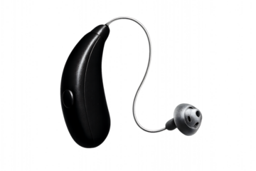 High contrast black hearing aid with sleek design and clear tubing, suspended against a dark background to emphasize modern hearing technology
