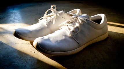 Naklejka premium Pair of white sneakers displayed under strong light