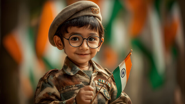 A cute little boy dressed up like Netaji Subash Chandra Bose and holding Indian flag - Independence Day Concept
