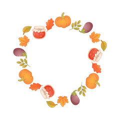 Autumn harvest wreath with pumpkins leaves and jars