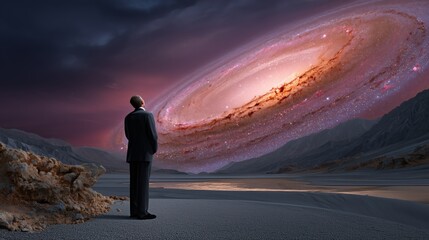 A man in a suit contemplates the vastness of a stunning galaxy in the night sky.