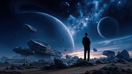 Obraz premium A lone figure stands in awe of a breathtaking cosmic landscape, full of planets.