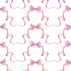 Seamless pattern with pink ribbons and bows. Handmade watercolor illustration for fabric, wrapping paper, cover, wallpaper.