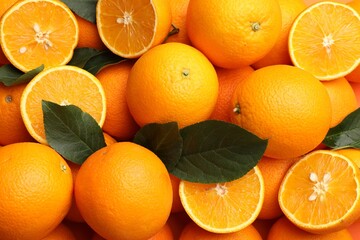 Juicy oranges and green leaves as background, top view