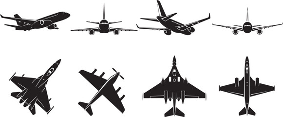 Vector art of airplane silhouettes isolated on white background, a collection of aircrafts for aviation, transportation and travel design elements isolated on white background