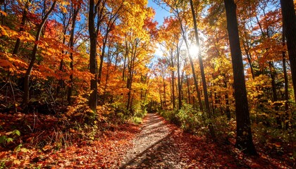 Obraz premium Autumnal forest path bathed in sunlight