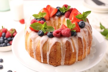 Delicious bundt cake with berries, glaze and mint on white table, closeup