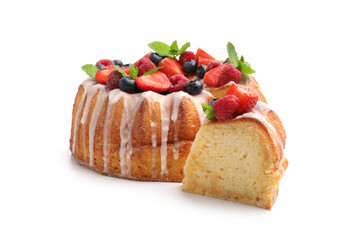 Delicious bundt cake with berries, glaze and mint isolated on white