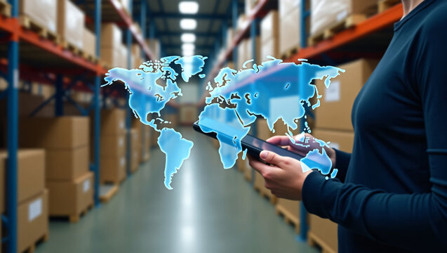 Warehouse worker holding a holographic digital world map overlay on a modern logistics center