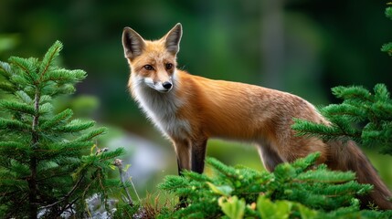 Fototapeta premium A stunning red fox in its natural habitat, surrounded by lush greenery.