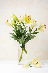 Pink lilies in clear glass vase – perfect for minimalist floral decor or editorial stock content