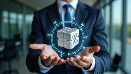 Businessman holding a glowing digital cube with financial data and analytics