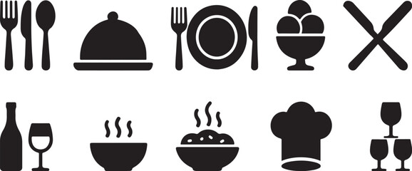 Vector art of collection of black restaurant icons isolated on white background featuring food, tableware, and cooking equipment for menu design isolated on white background