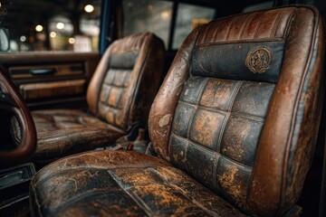 Worn leather seats of a vintage station wagon