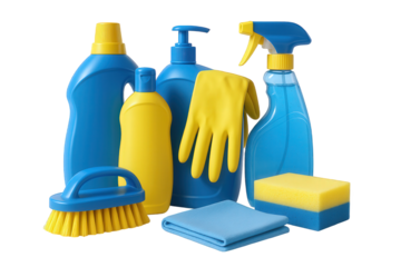 Essential Household Cleaning Supplies Featuring Blue Bottles, Yellow Gloves, and Sponges for a Sparkling Home Environment