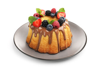 Tasty Bundt cake with berries, chocolate and mint isolated on white