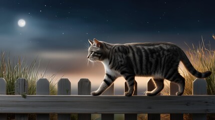 A cat walking along a fence at night under the moonlight, creating a serene ambiance.